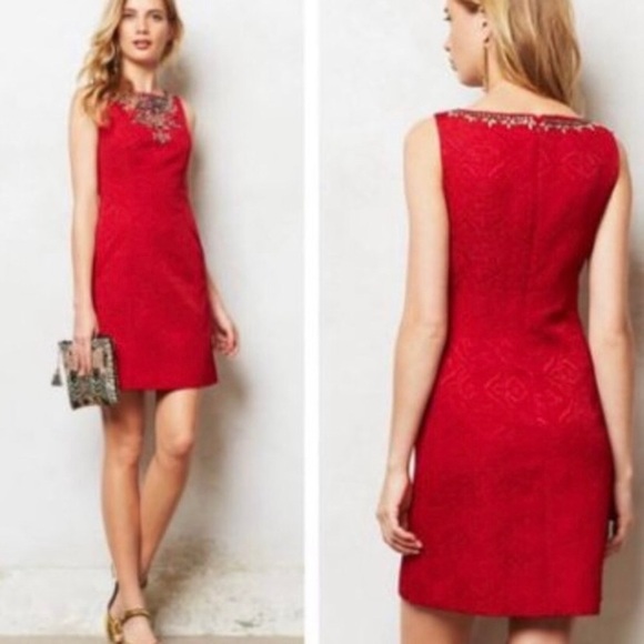 Anthropologie Moulinette Soeurs Red Brocade Embellished Sheath Dress Sz.0 - Picture 3 of 15